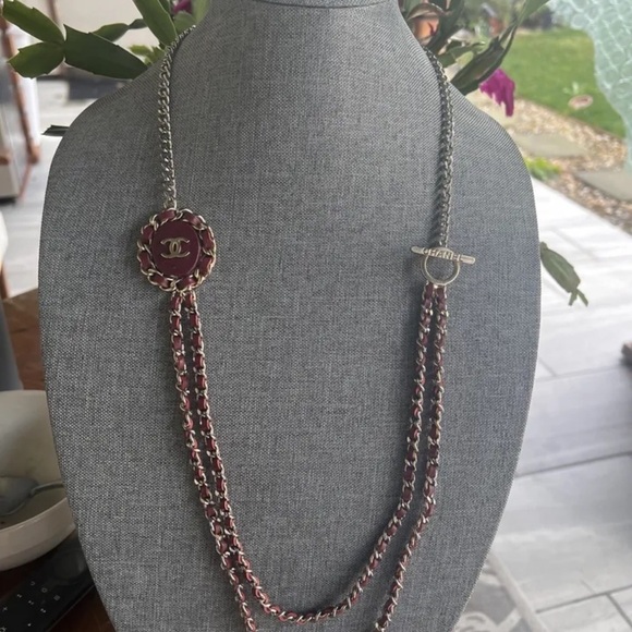 CHANEL double Strand Necklace Rope Style red Leather Long Necklace Approx 30” - Picture 1 of 9